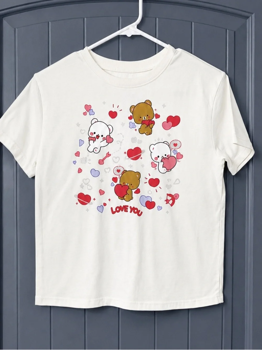 Milk Mocha Bear Girls Love You Graphic T-Shirt White Pink Hearts Size 6/7